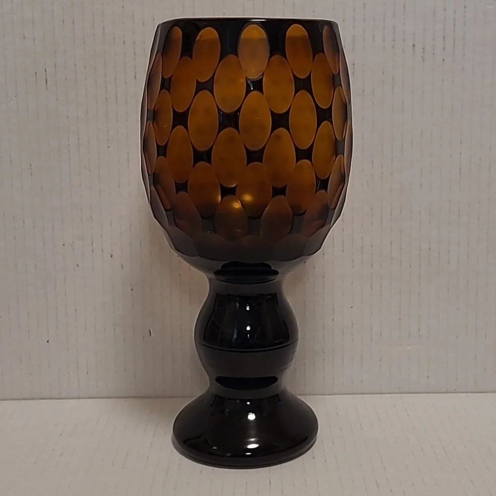 Vintage Murano Style Black Cut to Amber Vase / Candle Holder